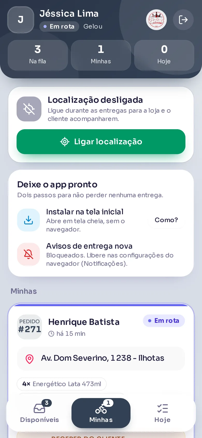 App do entregador com o pedido e a rota