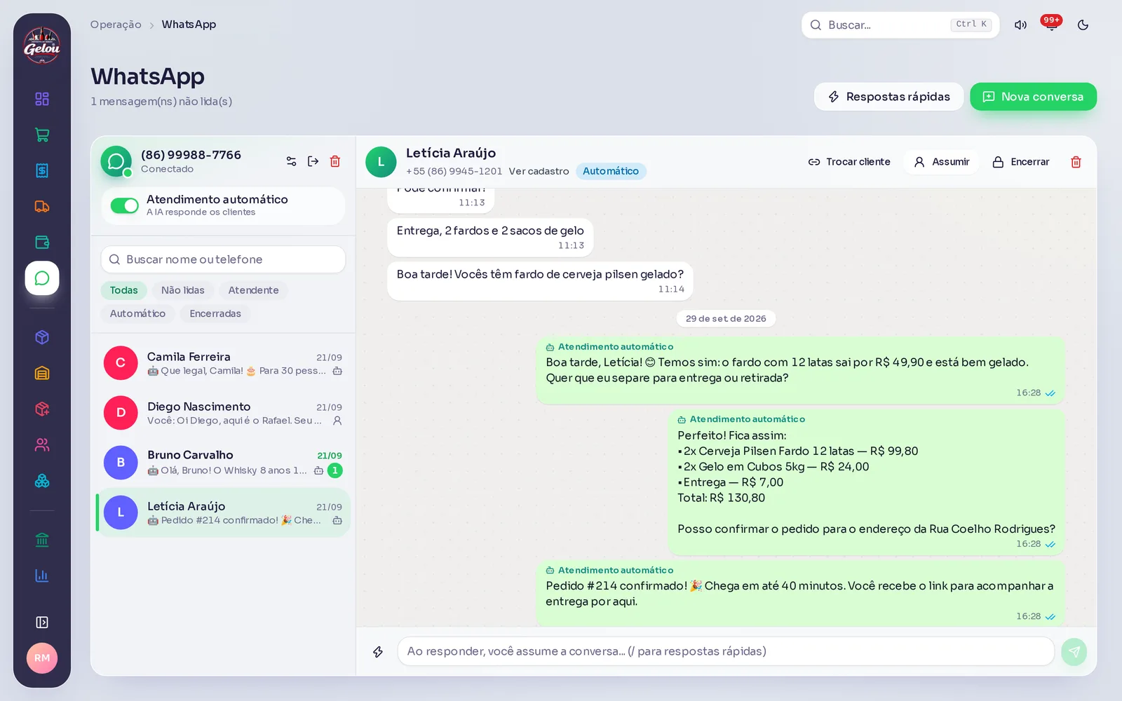 Conversa do WhatsApp respondida pelo atendimento automático com IA